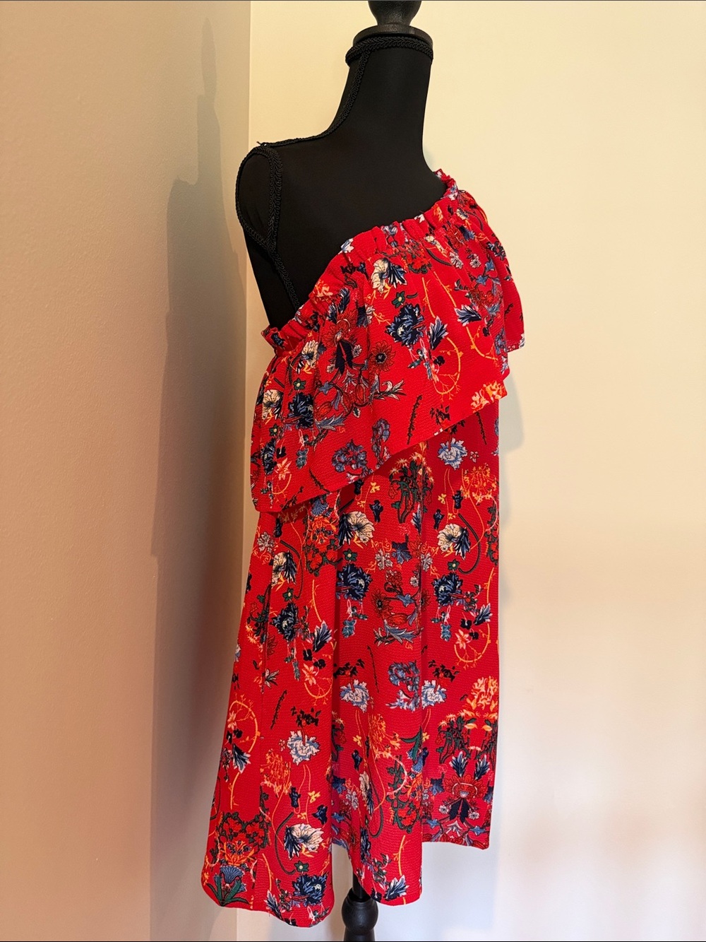 Umgee Red One-Shoulder Floral Ruffle Dress - Picture 2 of 6